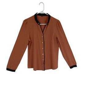 Mine Blouse Rust Orange Button-Down Whit Black Trim & Gold Buttons Womens Sz M